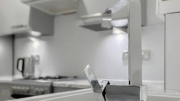 Apartamento | Cocina privada | Frigorífico, microondas, horno y placa de cocina