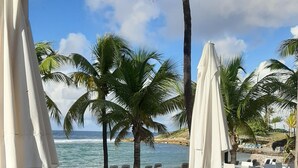 An outdoor dining area with white tables and chairs, palm trees, and a view of the sea. - Kaz ananas passion (Saint-François)