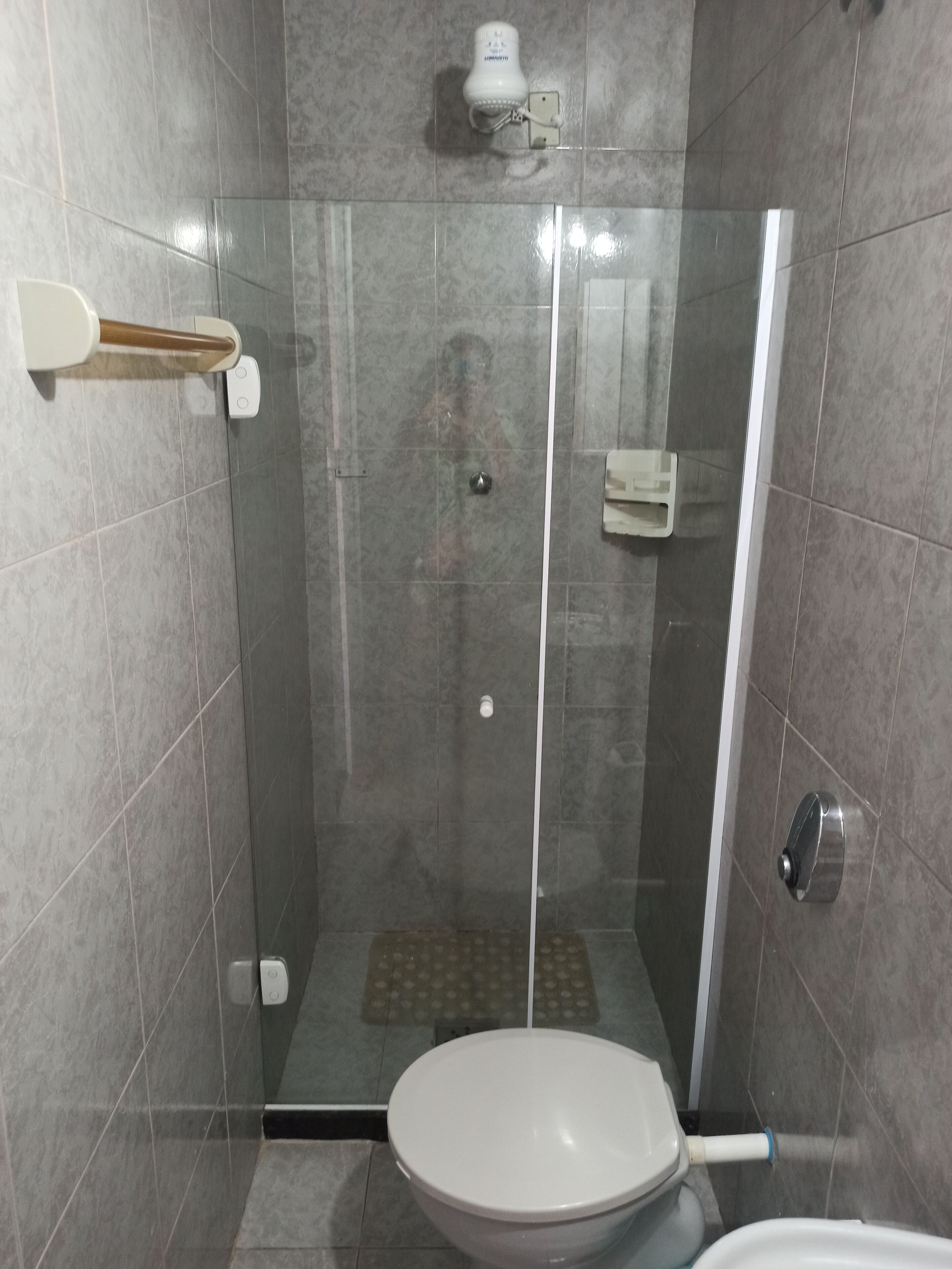 A shower stall with a glass door, a toilet, and a towel rack.