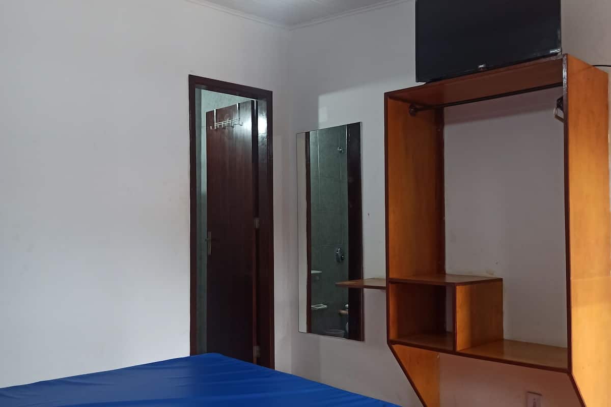 Une chambre avec un lit, un ventilateur de plafond, un miroir et un téléviseur posé sur un meuble en bois.