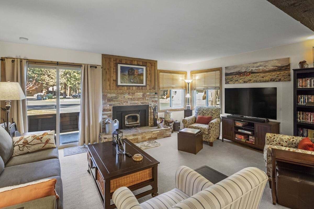 TV, fireplace, books