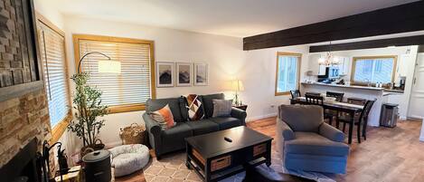 Televisión, chimenea y libros