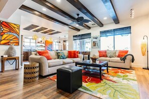 TV, fireplace, books