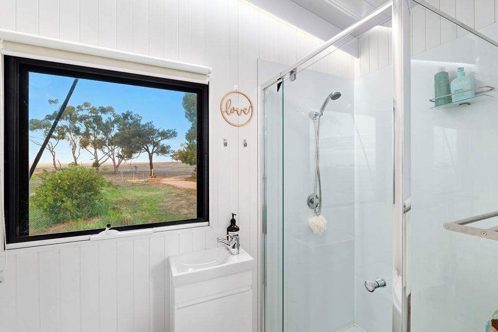 Shower, hair dryer, towels, shampoo