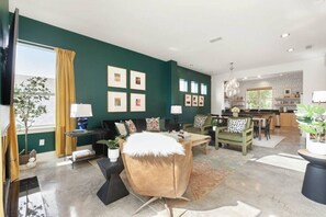 Smart TV, fireplace, books