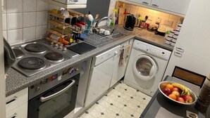 Una cocina compacta con estufa a gas, horno, lavaplatos y lavadora.