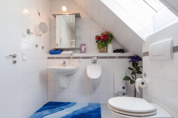 A modern bathroom with a skylight, a sink, a toilet, and a shower.