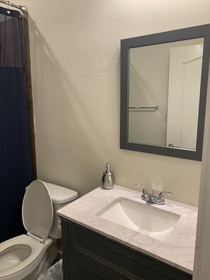 Combined shower/bathtub, towels, toilet paper