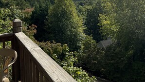 Puinen terassi, jolta avautuu näkymä metsäiseen laaksoon ja kaukaisiin vuorille osittain pilvisen taivaan alla.