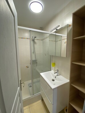 Regadera, secadora de cabello, papel de baño 