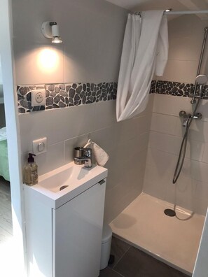 Douche, sèche-cheveux, serviettes fournies, papier toilette