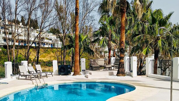 Ein Poolbereich mit Liegestühlen, einer Lounge und Palmen.