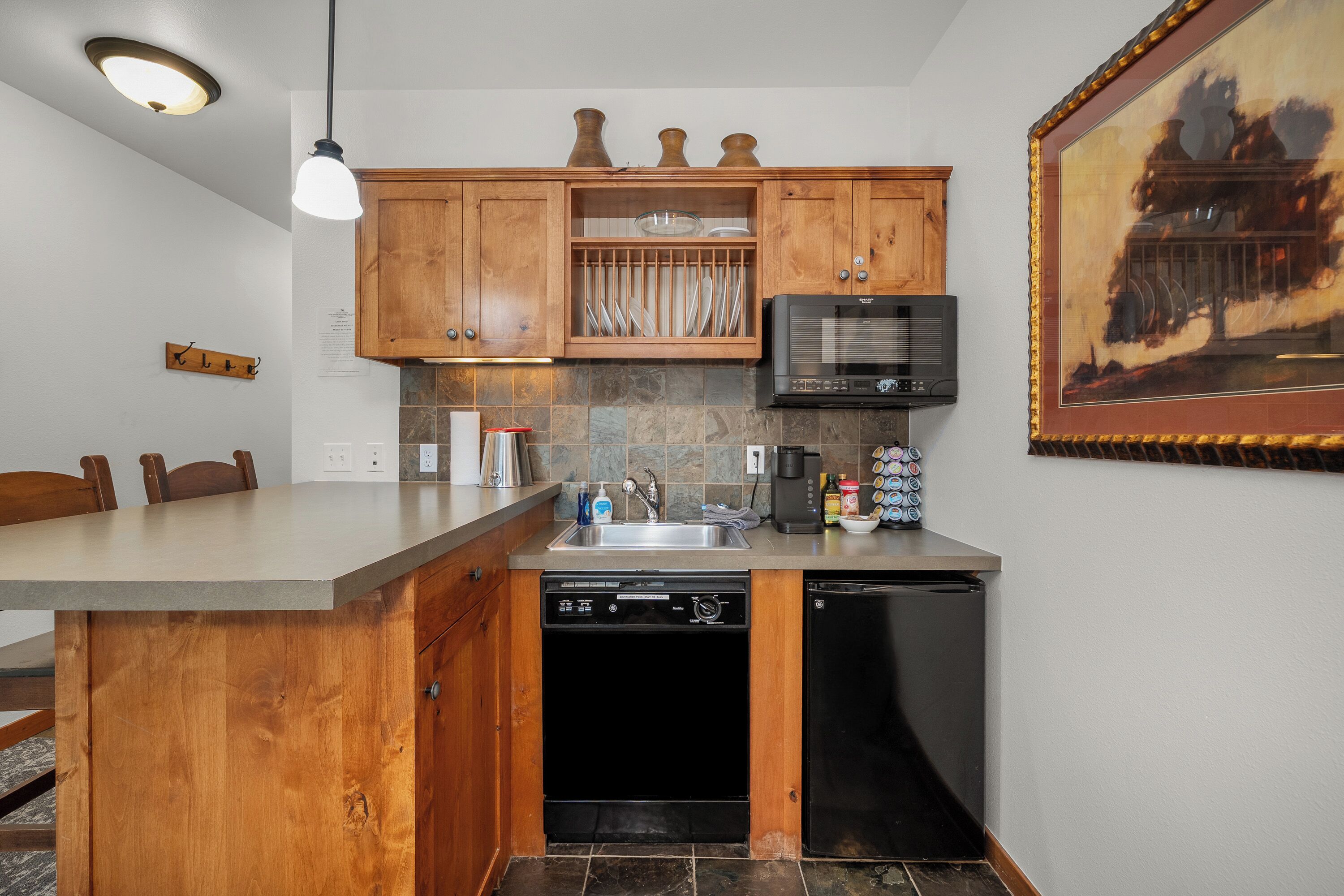 Coffee/tea maker, fridge, microwave, dishwasher