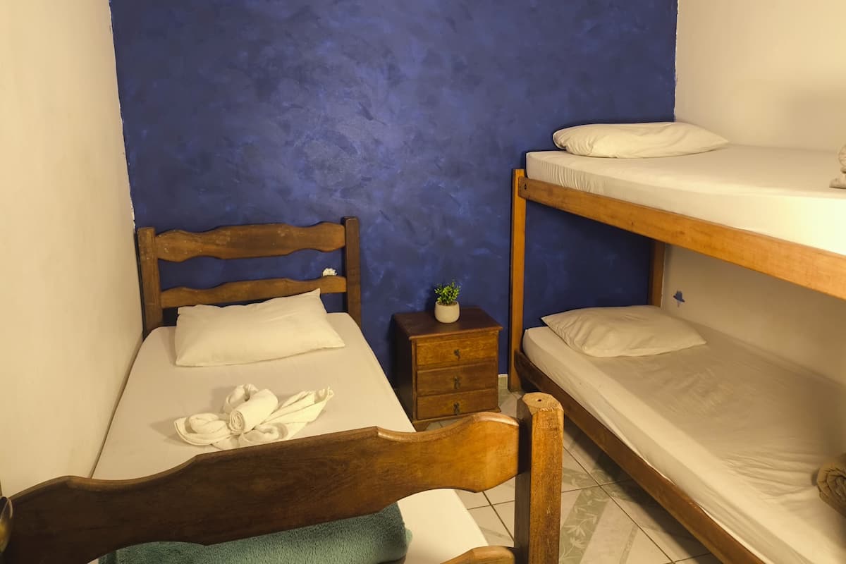 A room with a bunk bed, a wooden chair, a small bedside table with a plant, and a rolled towel on the bed.