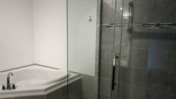 Bathtub, hair dryer, soap, toilet paper