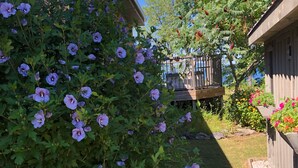 Un jardin agrémenté de plantes à fleurs et doté d’une terrasse en bois.