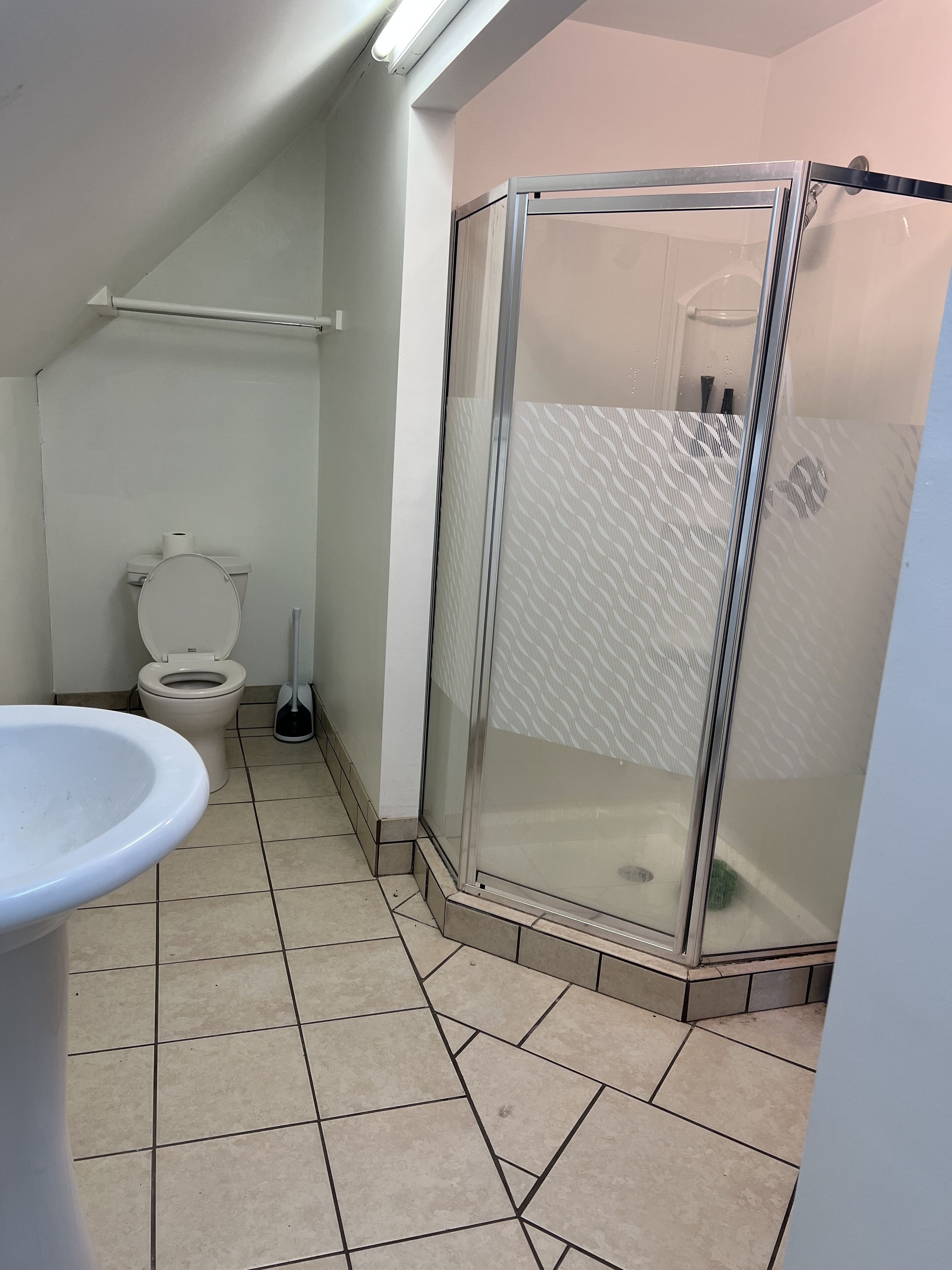 A bathroom with a toilet, a shower enclosure, and a sink.