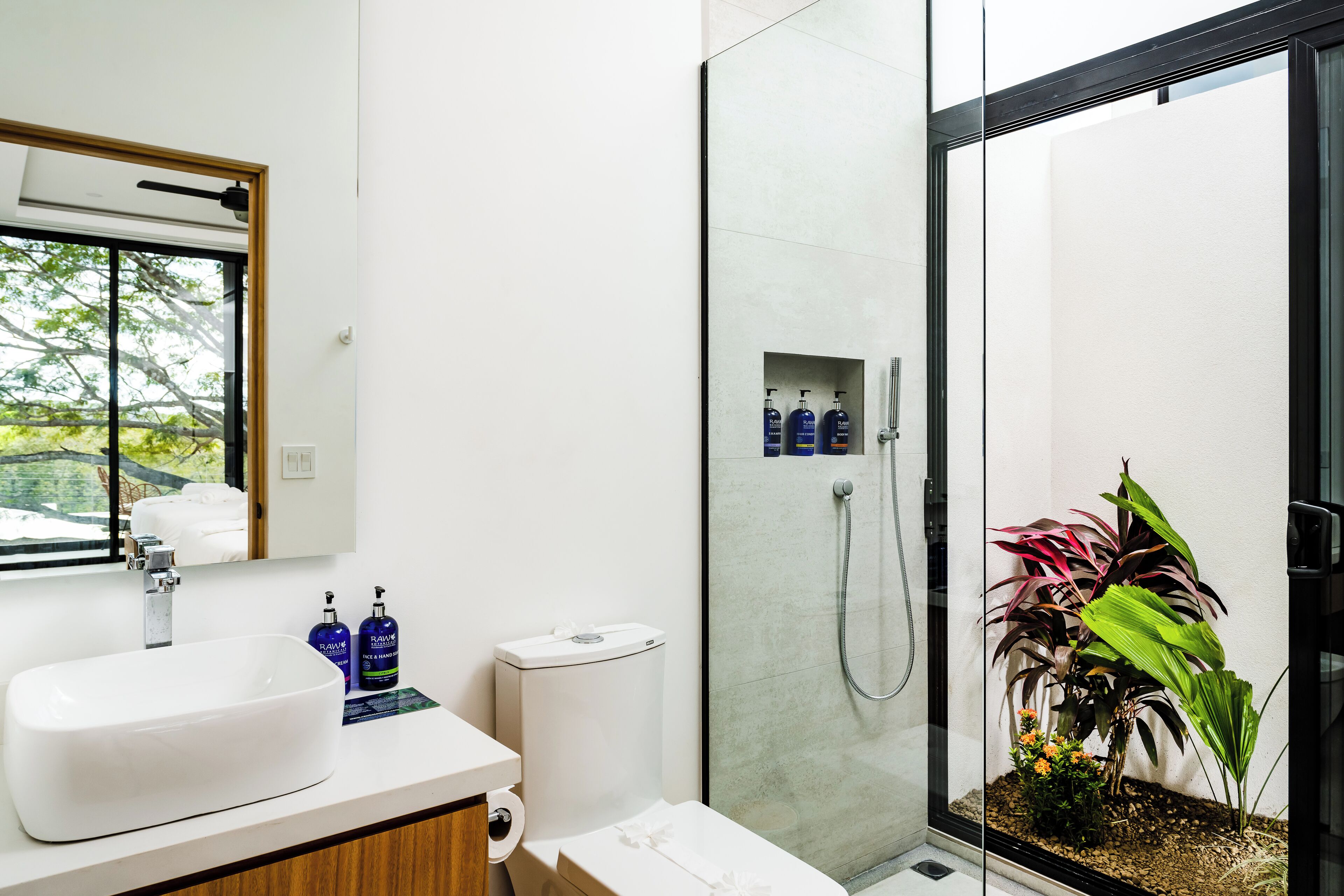 A modern bathroom with a large white sink, a glass shower enclosure, and a small plant on the windowsill.