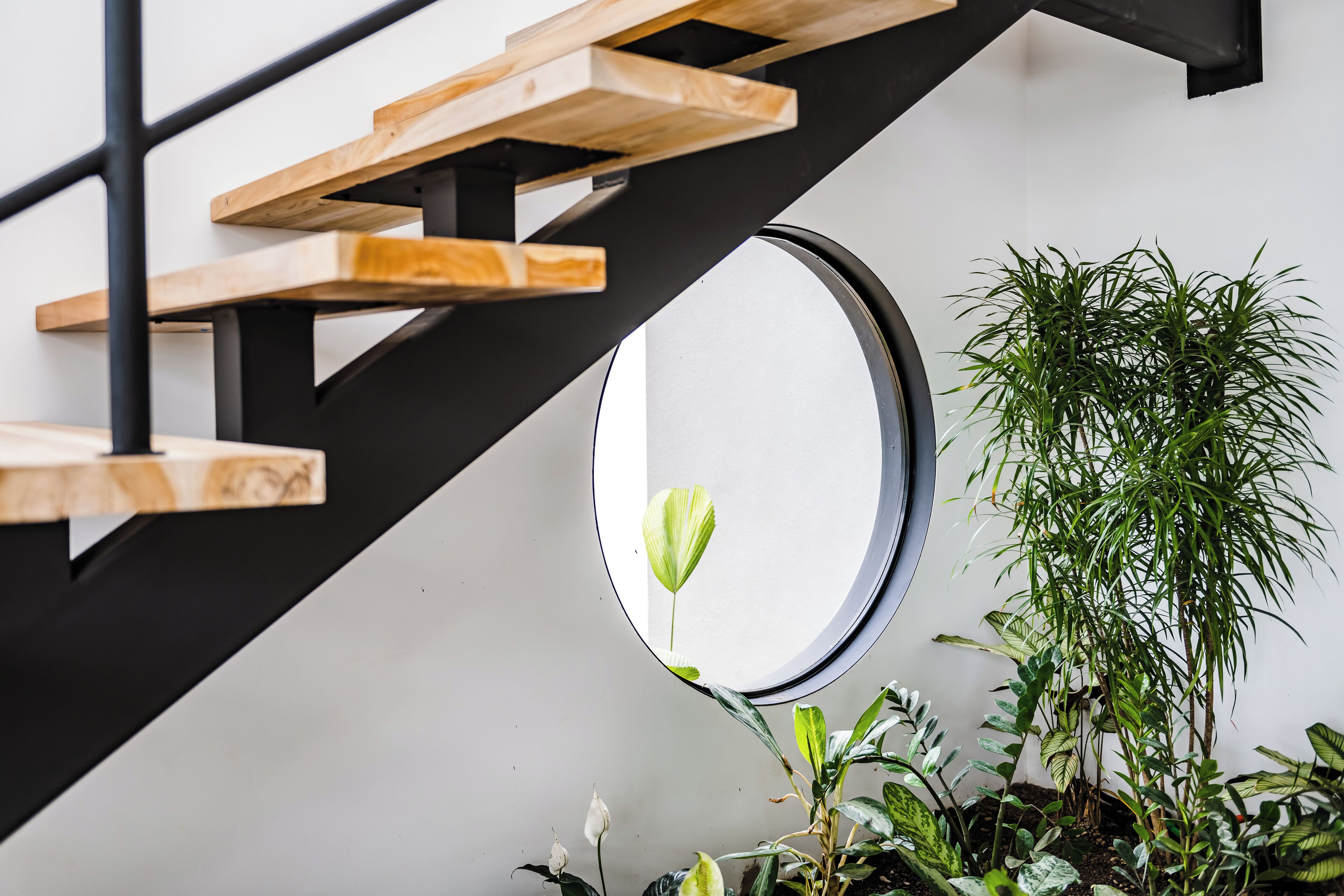 Een trap met houten treden en een zwart metalen frame, een ronde spiegel en verschillende groene planten.