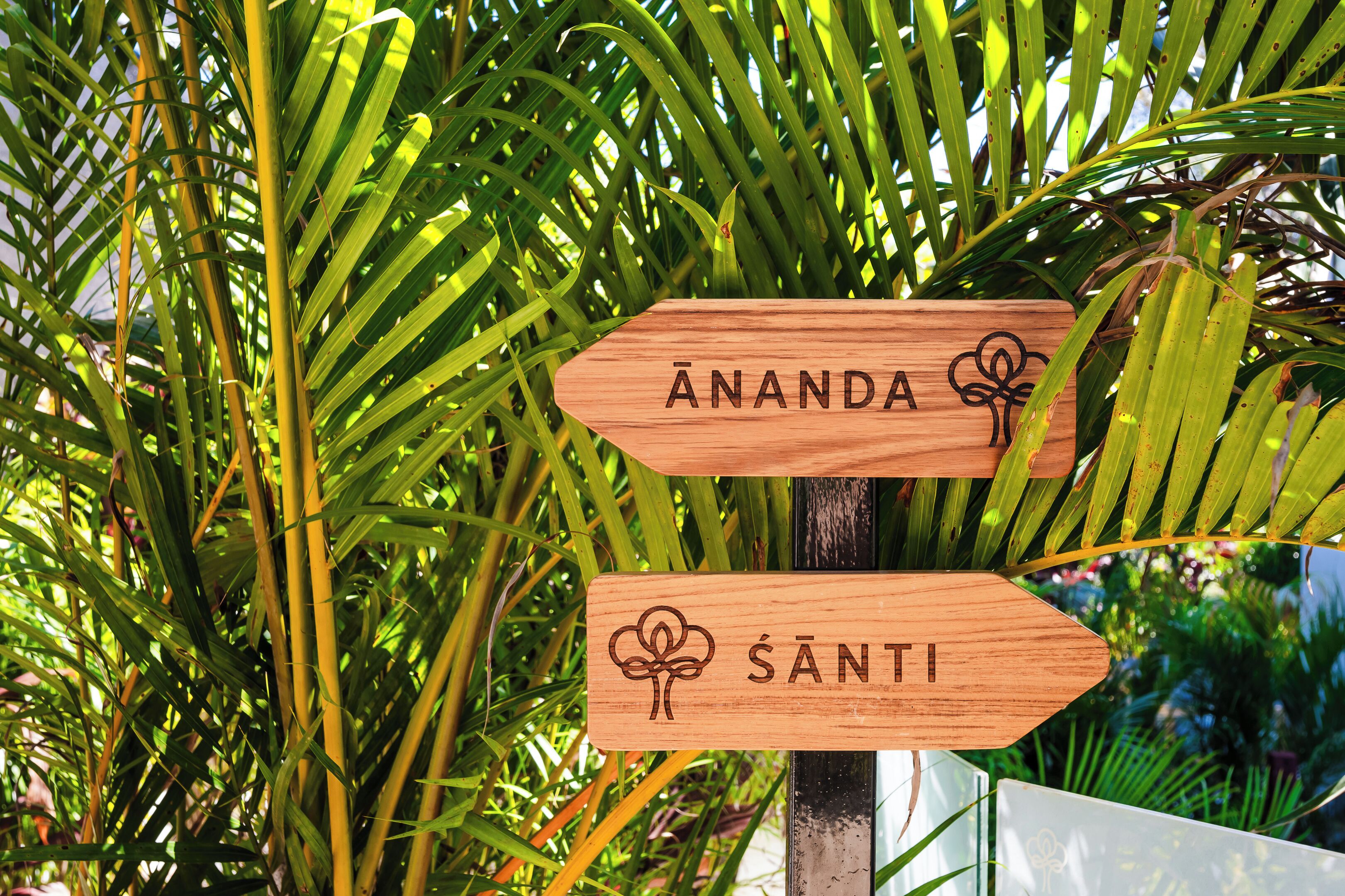 A wooden sign with directional arrows and text indicating 'Ananda' and 'Santi'.