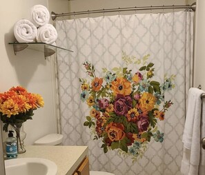 Duschwanne, Haartrockner, Handtücher, Seife