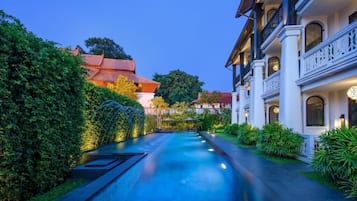 Outdoor pool, pool umbrellas, pool loungers