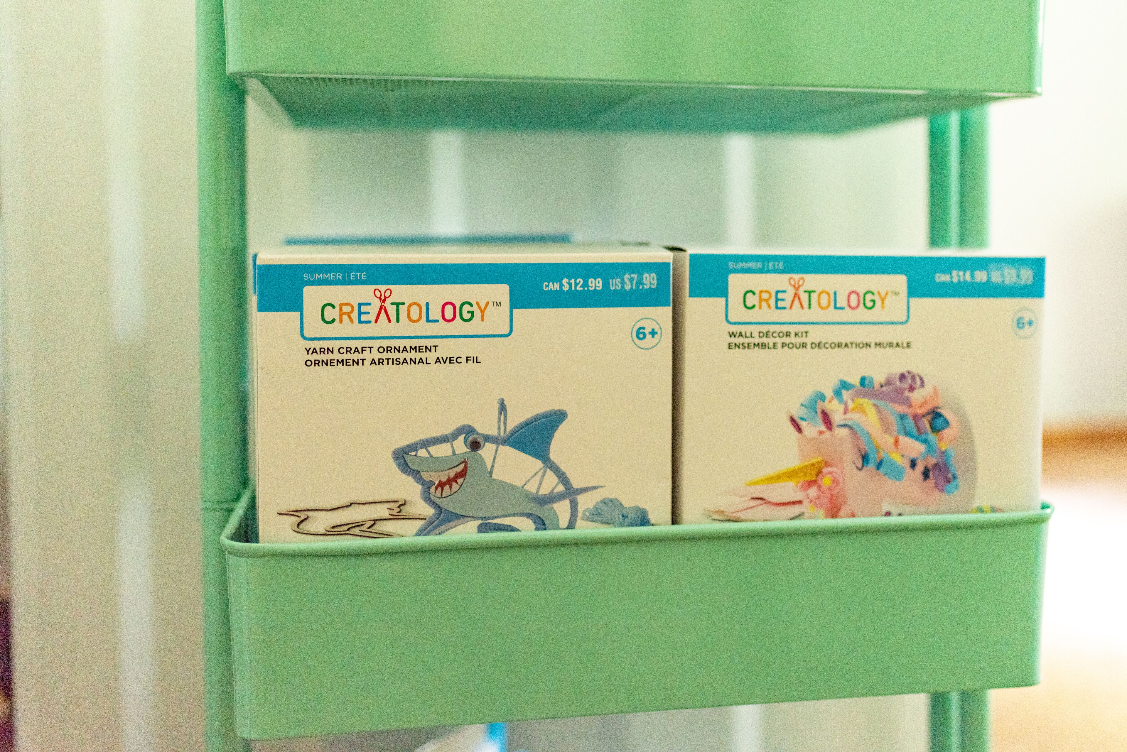Two yarn craft kits in a green shelf.