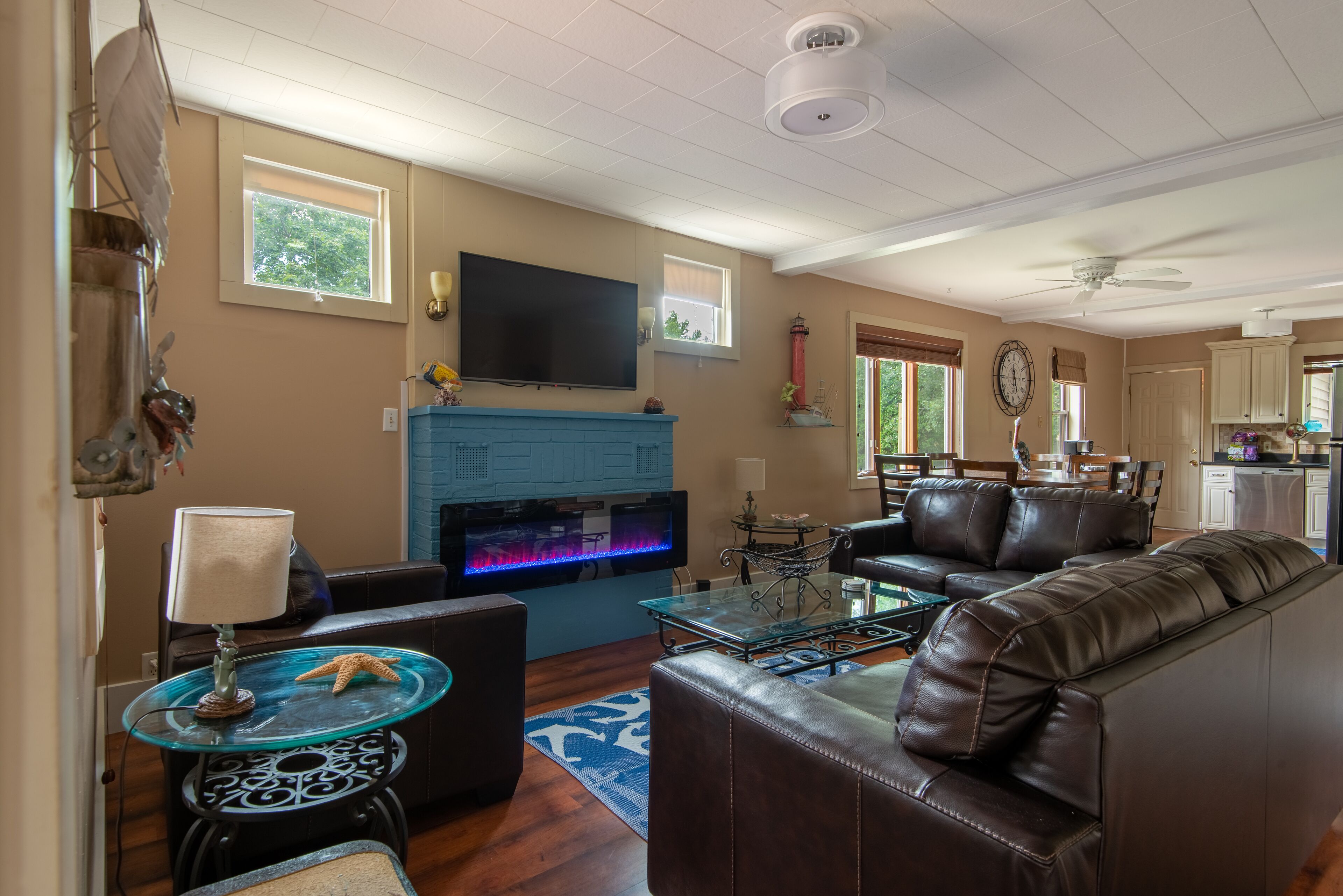 Smart TV, fireplace, books