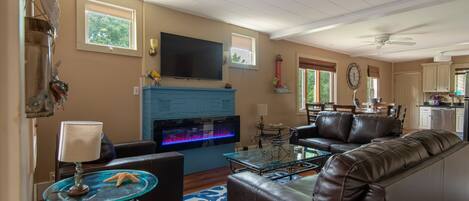 Smart TV, fireplace, books