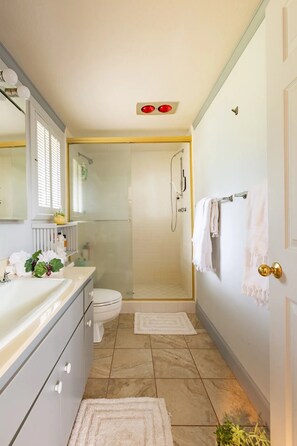 Shower, towels, soap, toilet paper