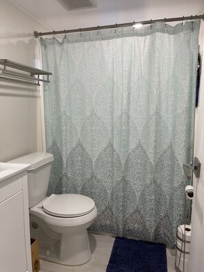 Douche, sèche-cheveux, serviettes fournies, savon