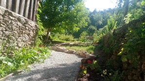 A garden pathway with a stone wall on one side and a variety of plants and flowers on the other.