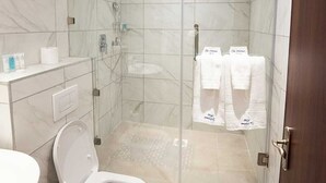 Une salle de bain moderne dotée d’une douche à parois de verre, de toilettes et d’un lavabo.