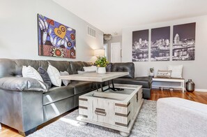 Smart TV, fireplace, foosball, books