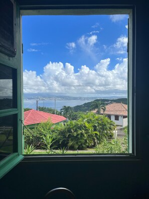 A window with a view of a coastal landscape, including a body of water, greenery, and buildings with red roofs.