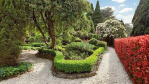 Un jardin avec un chemin de gravier, des haies soigneusement taillées et divers arbres.