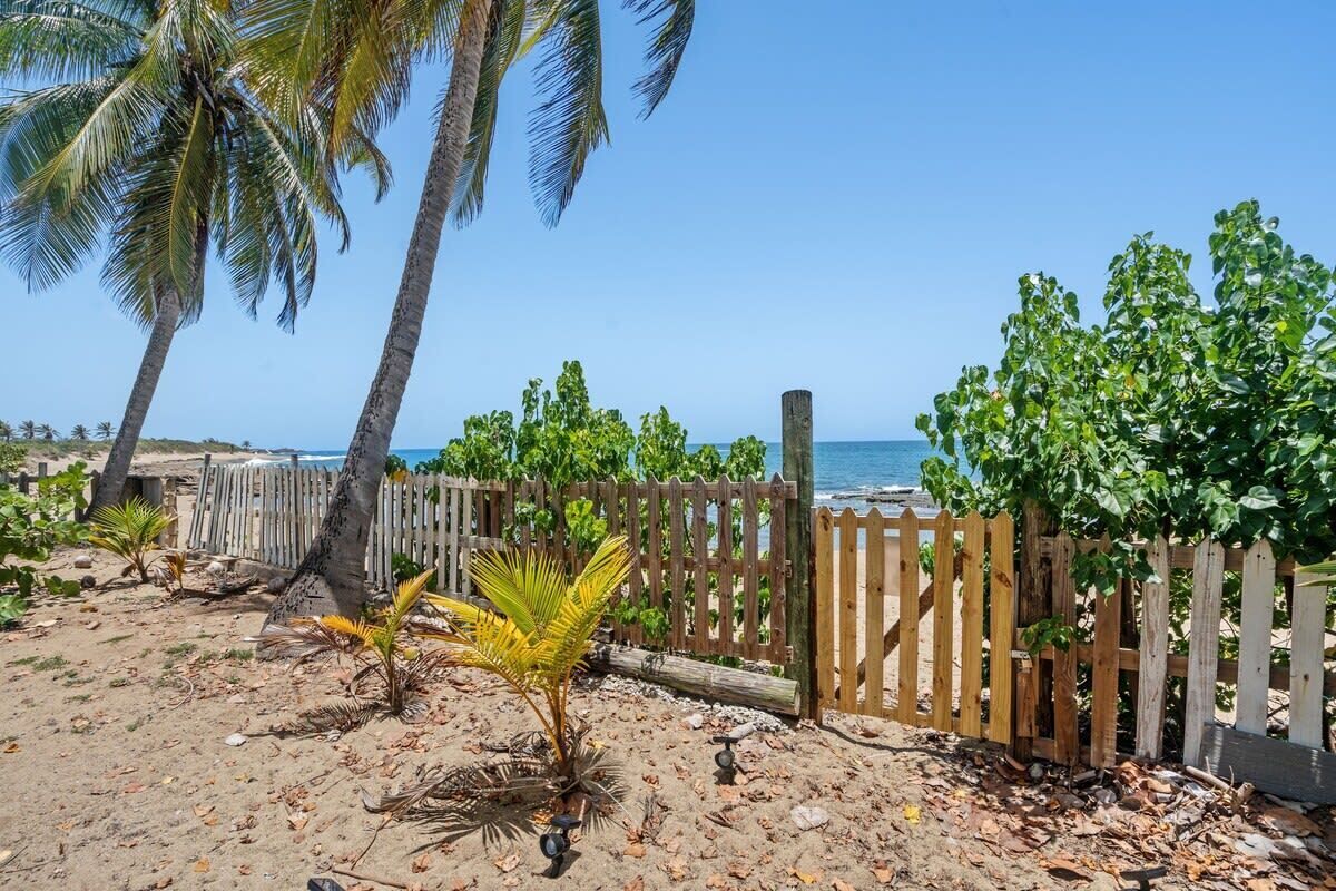 Une plage bordée de palmiers, une clôture en bois et une vue dégagée sur l’océan.