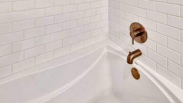 Combined shower/tub, hair dryer, towels, soap