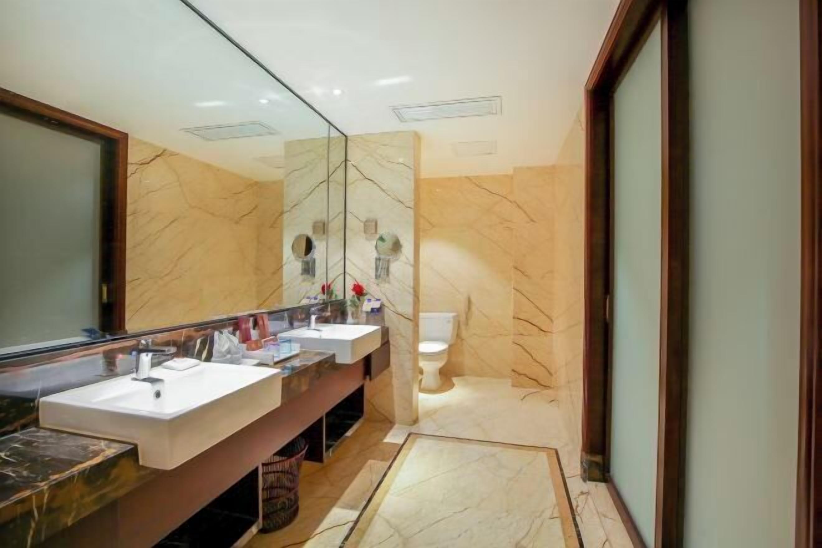 Un baño moderno con dos lavamanos, un espejo grande y un inodoro.