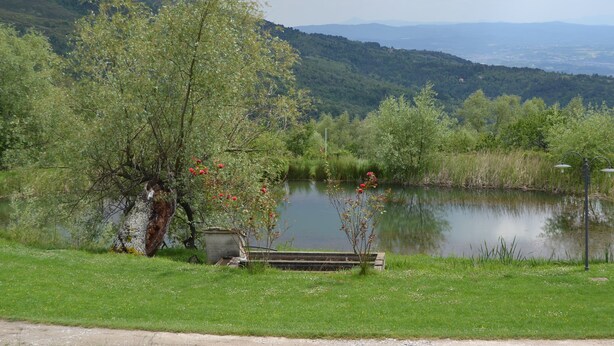 Un banc situé au bord du lac, offrant une vue sur le lac et les montagnes au loin.