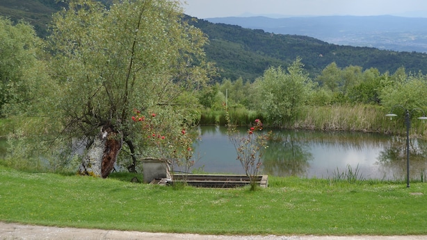 Un banco junto al lago con vistas al lago y montañas distantes.
