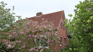 A red brick house with a sloped roof, surrounded by lush greenery and blooming pink flowers.
