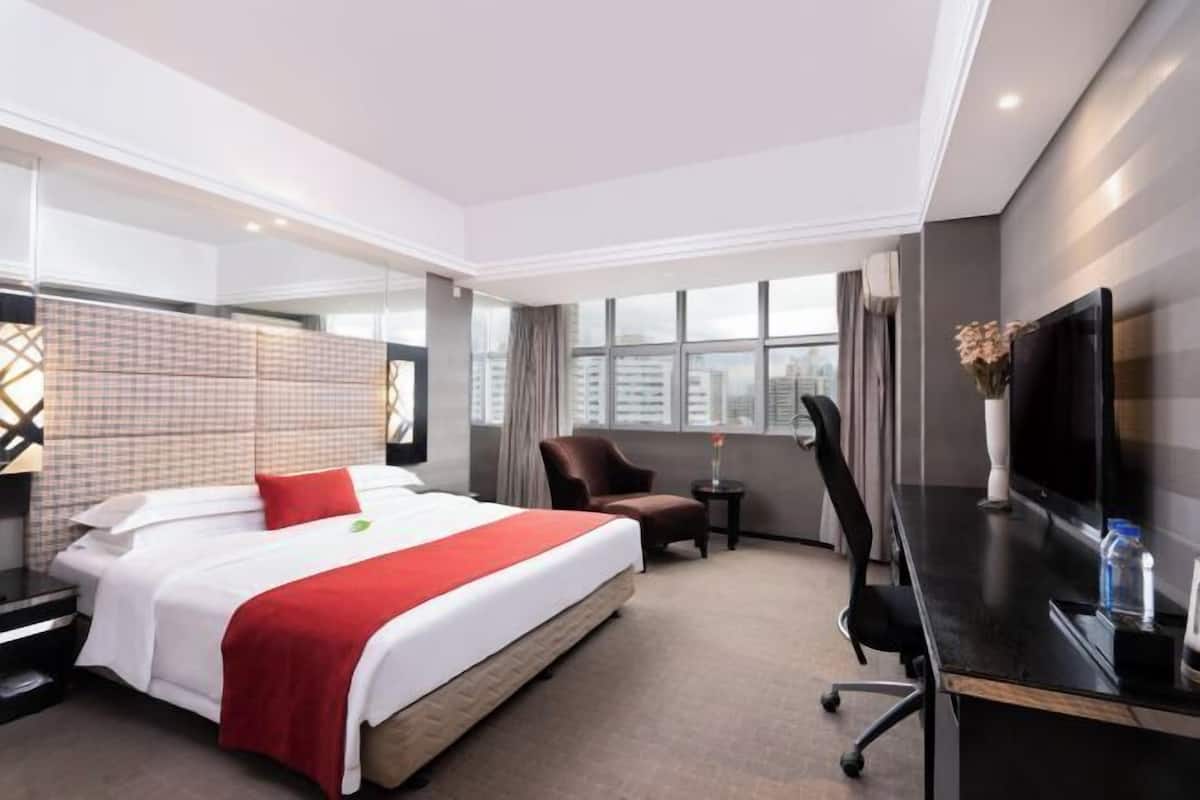 Ein Hotelzimmer mit Bett, Schreibtisch, Stuhl, Fernseher und einem Fenster mit Blick auf die Stadt.