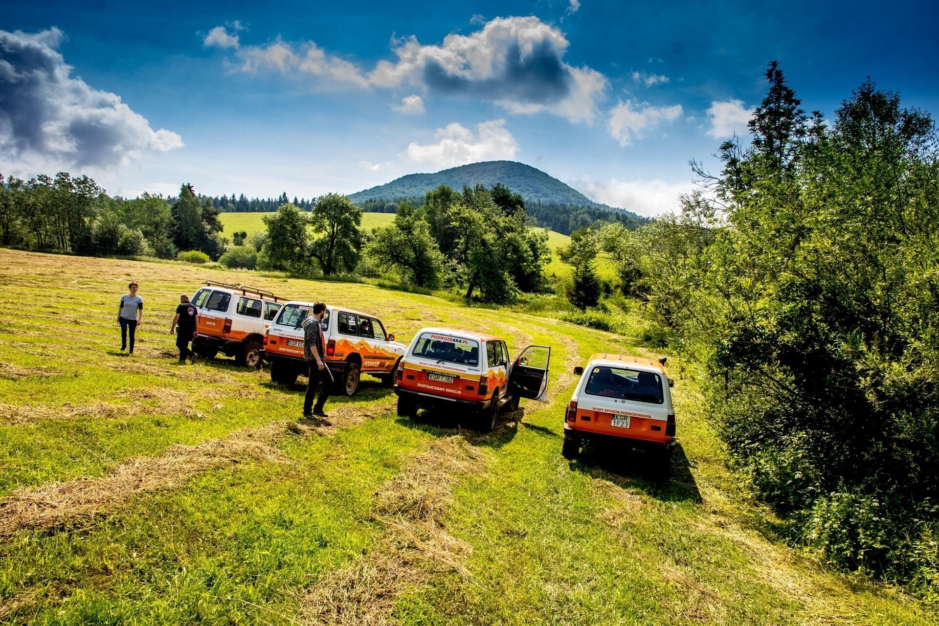 A group of vehicles parked on a grassy field with a mountain in the background.