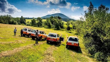 A group of vehicles parked on a grassy field with a mountain in the background.