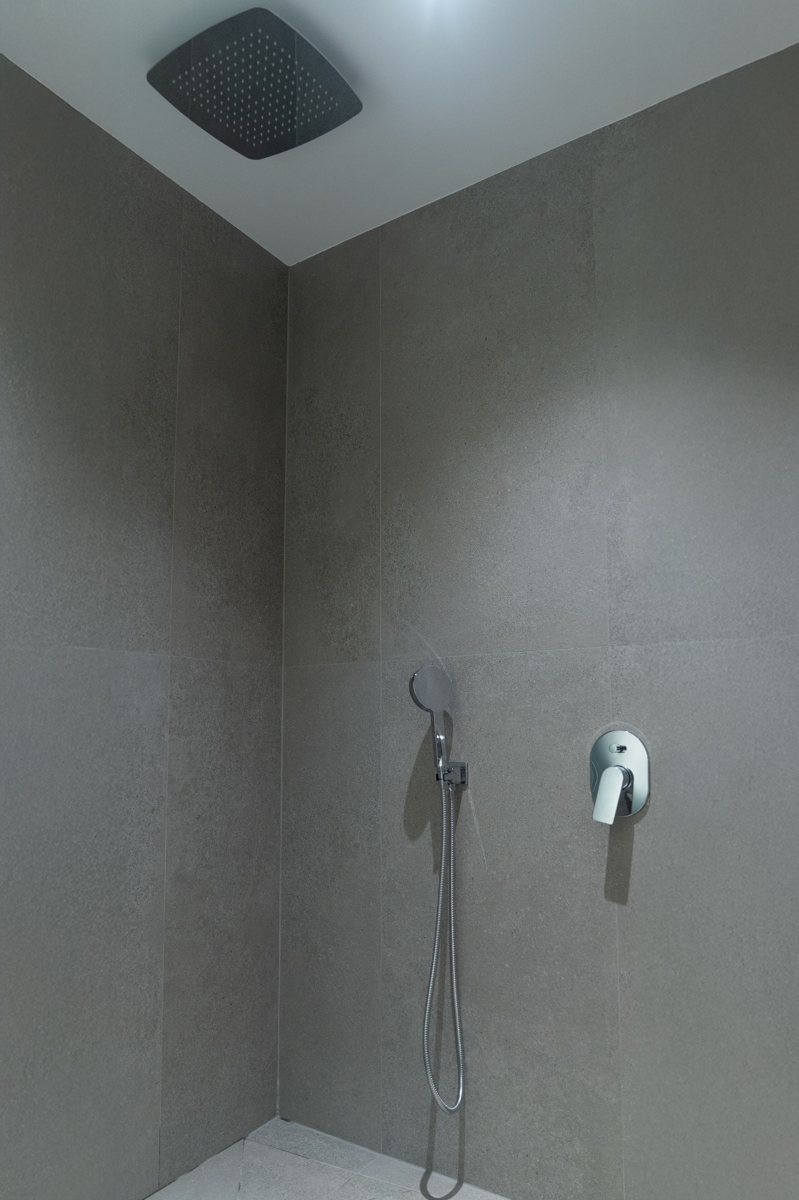 A shower area with a handheld showerhead and a wall-mounted control.