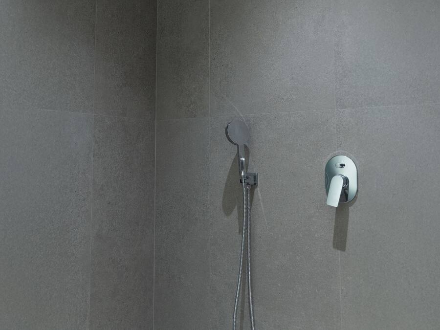 A shower area with a handheld showerhead and a wall-mounted control.
