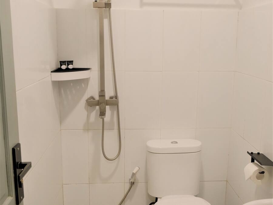 A small bathroom with a toilet, a sink, and a shower.