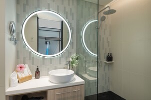 Shower, rainfall showerhead, hair dryer, bathrobes