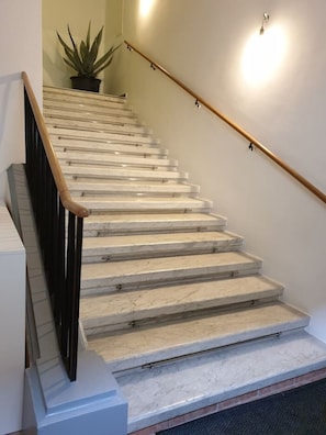 Een marmeren trap met een houten leuning en zwarte balusters, leidend naar een plateau met een plant in pot.